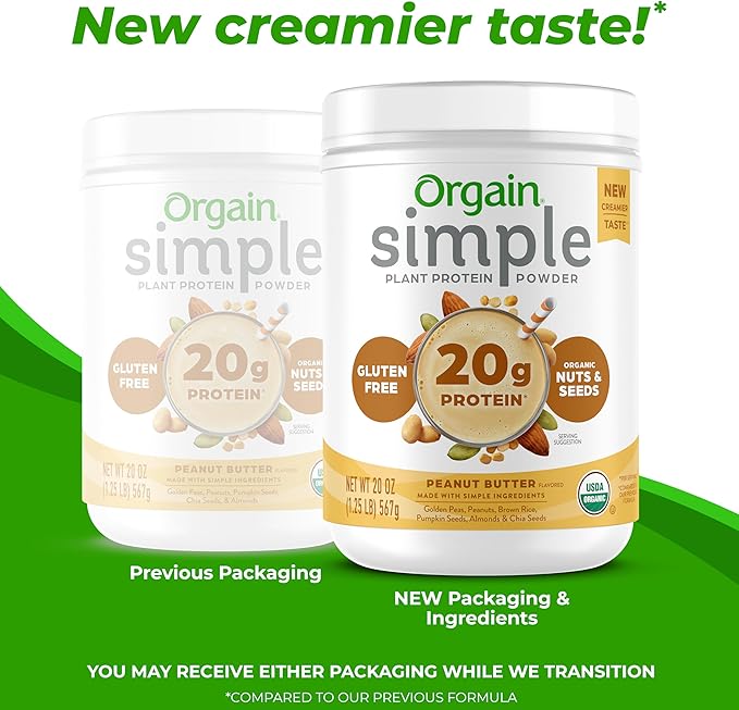 Orgain Organic Simple Vegan Protein Powder, Peanut Butter - 20g Plant Based Protein, With less Ingredients, No Artificial Sweeteners, Gluten Free, No Dairy or Lactose, 1.25 lb (Packaging May Vary)-StrideForce Fitness