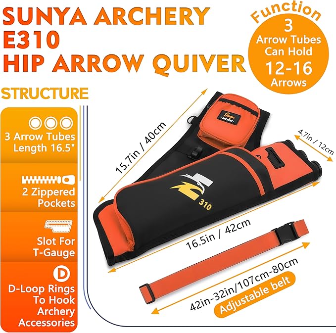 SUNYA Archery Hip Quiver for Arrows. Includes 3 Tubes Arrow Holder, Accessories Pockets and Waist Belt. Fit for Compound and Recurve Bow Practice.-StrideForce Fitness