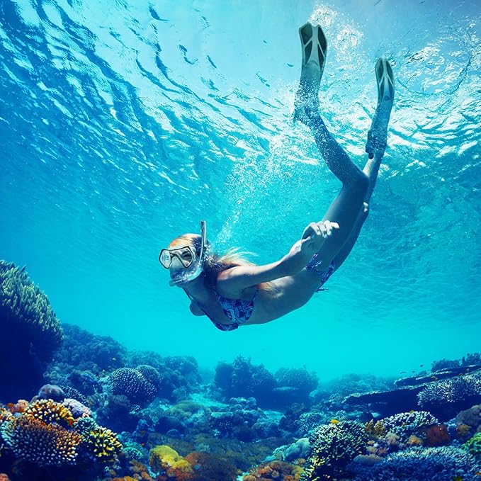 ZEEPORTE Mask Fin Snorkel Set, Travel Size Snorkeling Gear for Adults with Panoramic View Anti-Fog Mask, Trek Fins, Dry Top Snorkel and Gear Bag for Swimming Training, Snorkeling Kit Diving Packages-StrideForce Fitness