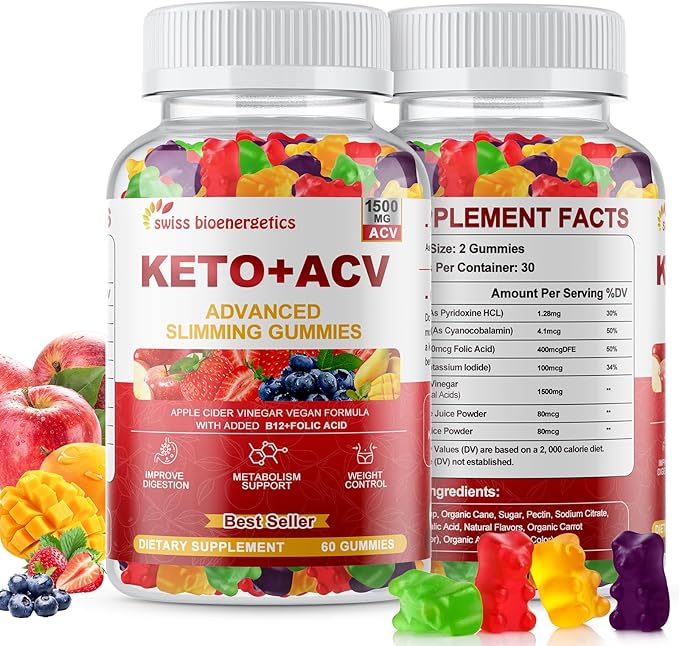 Keto Apple Cider Vinegar Gummies, Keto ACV Gummy Diet Supplement, Advanced 1500mg ACV Gummies with Folate, B12、B6 and Keto Support for Women Men, Gelatin- Free, Vegan & Non-GMO (Multi-Flavor)-StrideForce Fitness