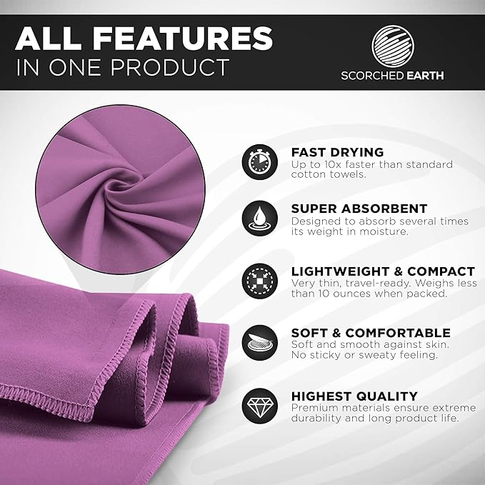 ScorchedEarth Microfiber Travel & Sports Towel Set - Quick Dry, Super Absorbent, Compact, Lightweight - for Camping, Backpacking, Hiking, Beach, Yoga, Swimming - Includes 2 Sizes + Carrying Bag & Clip-StrideForce Fitness