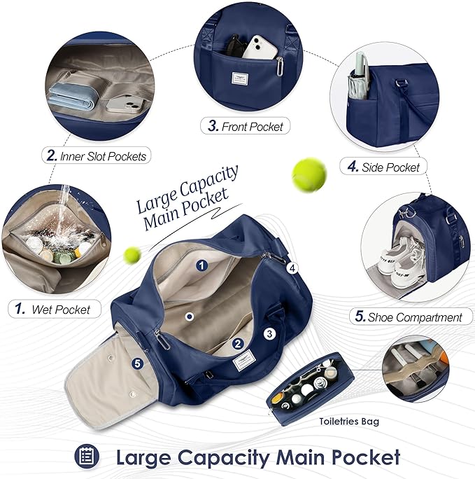 FIORETTO Womens Gym Tote Duffle Bag with Toiletry Bag, Sports Duffel Overnight Hospital Workout Carry on Bag for Girls with Wet Pocket & Shoe Compartment, Ideal for Travel, Swimming, Dance Navy Blue-StrideForce Fitness
