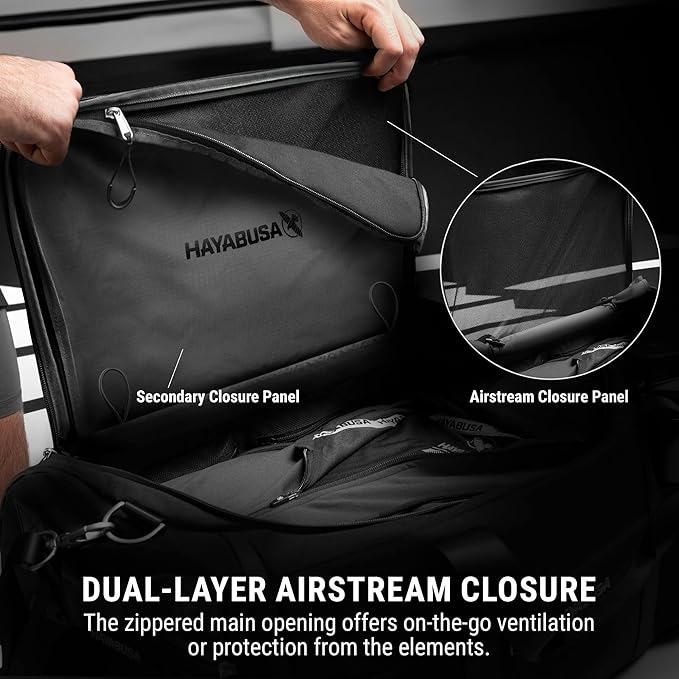Hayabusa Airstream Athletic Duffle Gym Bag for Women and Men - Black, 50l duffle bag - 7 zippered Pockets, Good for travel, Boxing, MMA, BJJ, kickboxing, Muay Thai, wrestling, Glove/Shoe Compartment-StrideForce Fitness