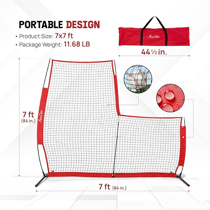 Yes4All Portable L-Screen Baseball 7x7ft with 2 Baseballs, Rubber Wheels - L Screen Baseball for Batting Cage, Protective Pitching Screen Net Double Layers, Carry Bag Included-StrideForce Fitness