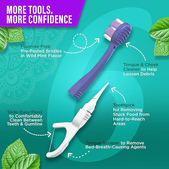 GuruNanda 6-in-1 Ready-to-Go Disposable Toothbrush, Pre-Pasted Butter on Gums Softex Bristles, Floss & Toothpick, Tongue & Cheek Cleaner, Individually Wrapped & TSA Friendly, 21 Ct