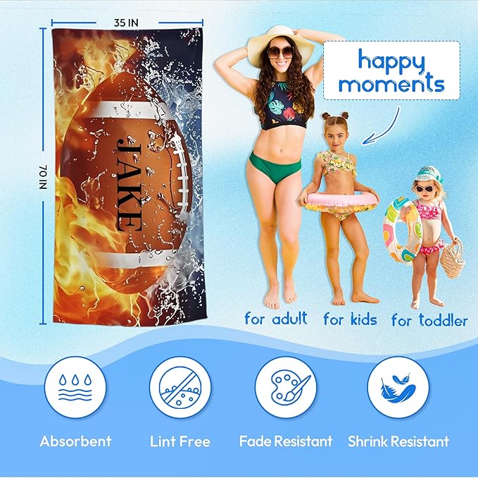 Personalized Beach Towel With Name, Custom Beach Towel with Text, Customized American Football Microfiber Pool Towel, Quick Dry & Absorbent Swim Towel for Adult,Anniversary, Birthday, Summer Holiday-StrideForce Fitness
