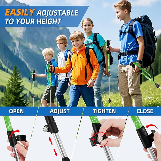 Lightweight Collapsible Kids Hiking Poles - Retractable Kids Hiking Stick, Telescoping Aluminum Trekking Poles 2 Pack, Adjustable Kids Ski Poles by Croosse-StrideForce Fitness