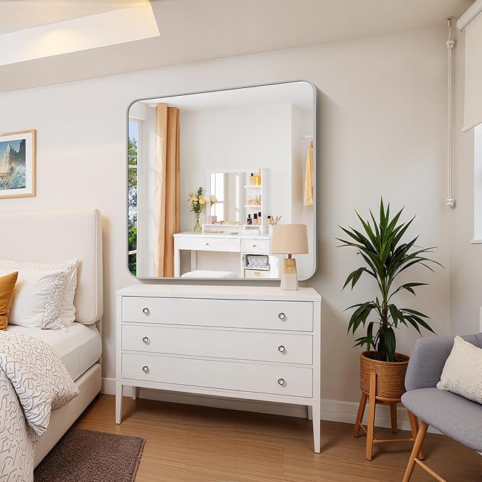 FORBATH 42x42 Inch Silver Bathroom Mirror for Over Sink, Large Square Wall Mirror with Metal Frame, Rounded Corners for Bathroom, Bedroom, Entryway Decor (Horizontal or Vertical)-StrideForce Fitness