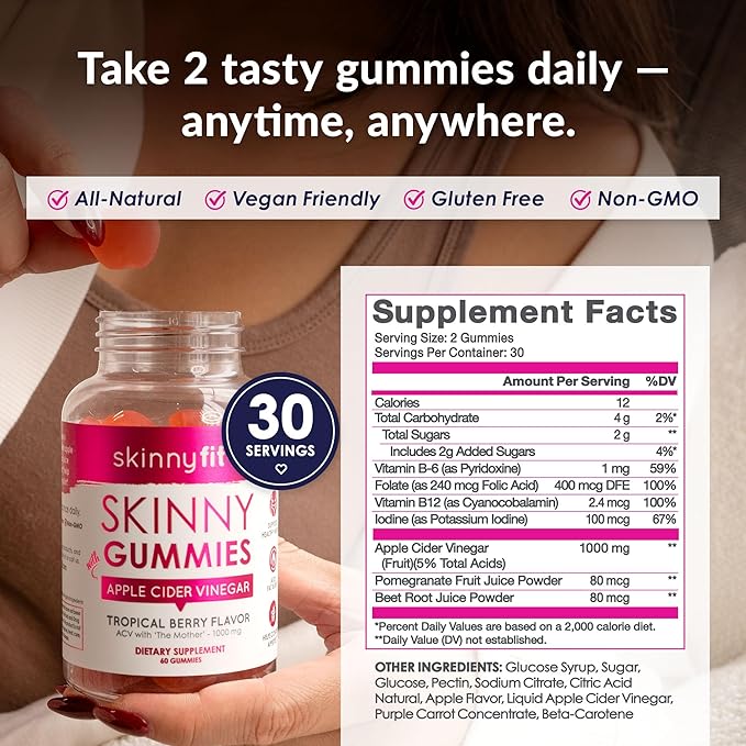 SkinnyFit Skinny Gummies Apple Cider Vinegar Gummies w/ The Mother, Healthy Weight, Immune Support, Vitamin B9, B12, Beetroot, Pomegranate, Vegan-Friendly, 60 Count-StrideForce Fitness
