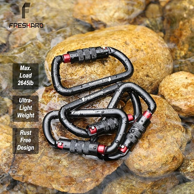 FresKaro 3inch 12kN-2698lbs Auto Locking Carabiner Clips, Solid D Shape, Heavy Duty 7075 Aluminum, Lightweight 1.09oz, Rust Proof, for Hammock, Hiking, Dog Leash, Keychain etc., Multi-Colors-StrideForce Fitness