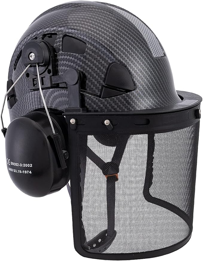 LOHASPRO Forestry Safety Helmet Chainsaw Helmet with Mesh Face Shield and Ear Muffs for Tree Logging Cutting Wood Arborist Helmet (Black Graphite Pattern with Mesh Face Shield+Earmuff)-StrideForce Fitness