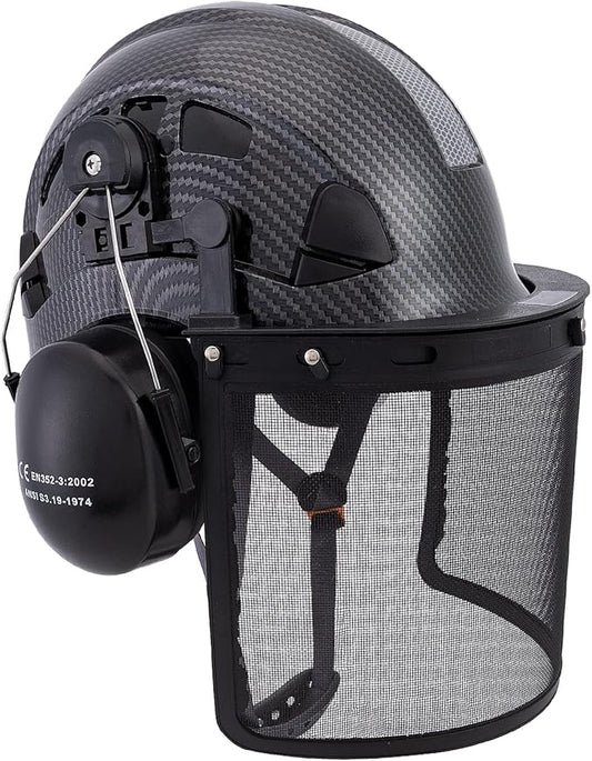 LOHASPRO Forestry Safety Helmet Chainsaw Helmet with Mesh Face Shield and Ear Muffs for Tree Logging Cutting Wood Arborist Helmet (Black Graphite Pattern with Mesh Face Shield+Earmuff)-StrideForce Fitness