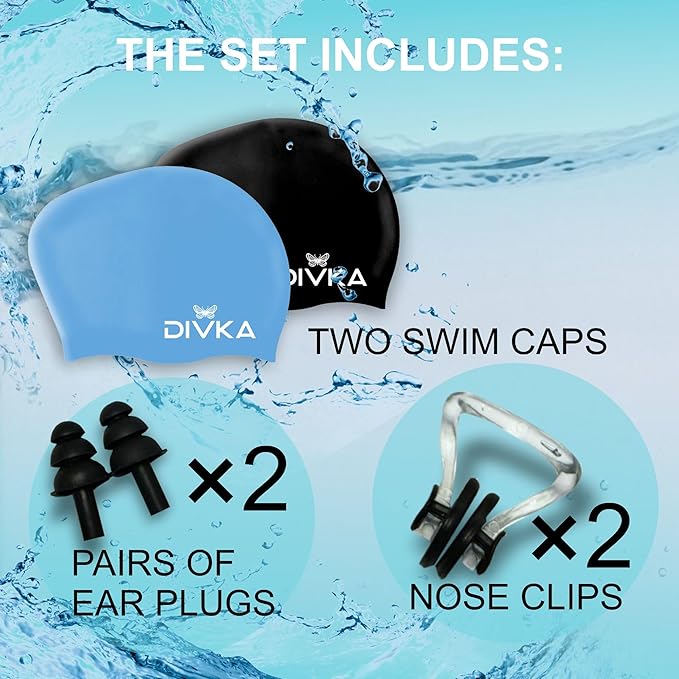 2-Pack Premium Quality Silicone Swim Caps for Women, Men, Teens & Adults – Medium Size – Stretchable & Durable, Includes Ear Plugs & Nose Clip, Extra Room for Long Hair, Non-Slip & Waterproof-StrideForce Fitness