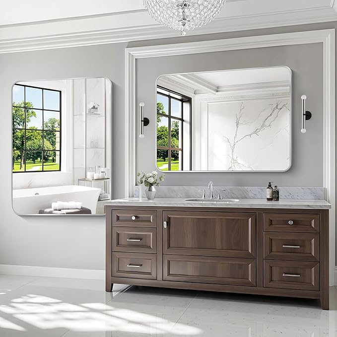 Silver Bathroom Mirror,36x48 inch Wall Mirror for Bathroom Wall Mounted,Rectangle Mirror for Bathroom Over Sink,Modern Frame Round Corner for Living Room,Bedroom Entryway,Horizontal/Vertical-StrideForce Fitness