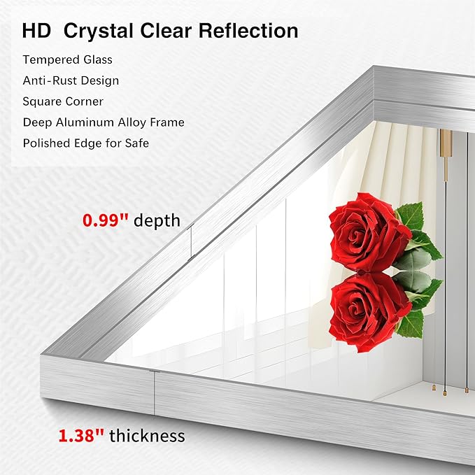 Silver Bathroom Mirror, 36x48 Inch Rectangular Deep Frame Mirror, Large Wall Mounted Bathroom Vanity Mirror Over Sink for Bedroom,Restroom, Living Room, Hangs Vertically or Horizontally-StrideForce Fitness