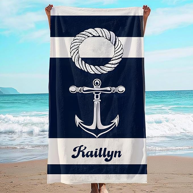 JML Personalized Beach Towel with Name, Custom Anchor Beach Towel, Customized Microfiber Pool Towel, Quick Dry & Absorbent Swim Towel for Adult,Mother's Day, Birthday, Summer Holiday,Vacation-StrideForce Fitness