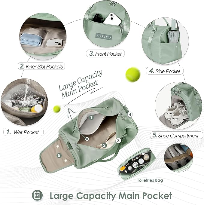 FIORETTO Womens Gym Tote Duffle Bag with Toiletry Bag, Sports Duffel Overnight Hospital Workout Carry on for Girls with Wet Pocket & Shoe Compartment, Ideal for Travel, Swimming, Celadon-StrideForce Fitness