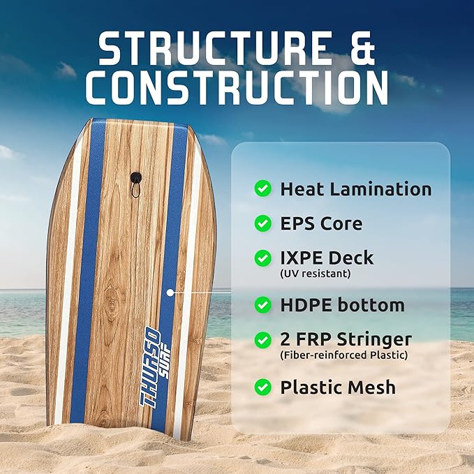 THURSO SURF Quill 42'' Bodyboard Lightweight Durable EPS Core IXPE Deck HDPE Slick Bottom FRP Stringer Crescent Tail Dual Channel Plastic Mesh with Double Stainless Steel Swivel Coiled Wrist Leash-StrideForce Fitness
