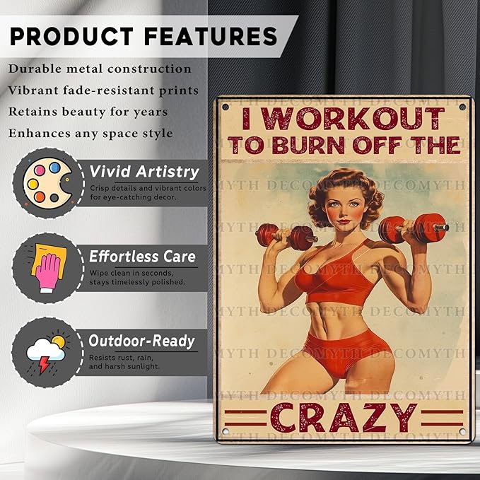 Vintage Girl Gym Tin Sign I Workout to Burn off The Crazy Retro Fitness Wall Decor Nostalgic Art Funny Workout Room Inspirational Metal Poster Store Cafe Pubs Bedroom Bathroom 12 * 16inch-StrideForce Fitness