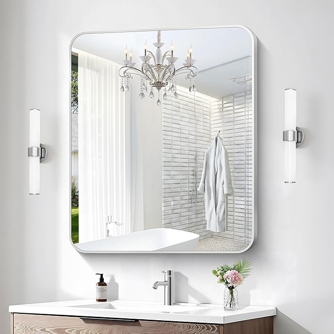 Silver Bathroom Mirror,30x36 inch Wall Mirror for Bathroom Wall Mounted,Rectangle Mirror for Bathroom Over Sink,Modern Frame Round Corner for Living Room,Bedroom Entryway,Horizontal/Vertical-StrideForce Fitness