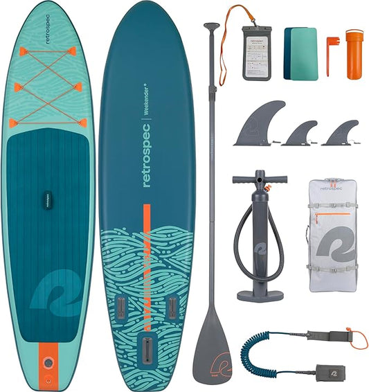Retrospec Weekender Inflatable Stand Up Paddle Board Includes Paddle, Pump, and Accessories 10’6” Lightweight iSUP, Puncture Resistant Inflatable Paddle Board for Adults-StrideForce Fitness
