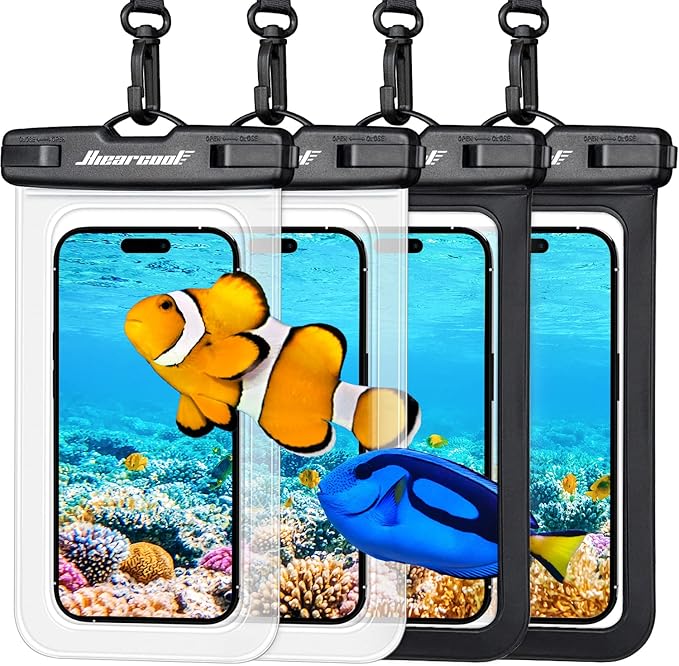 Hiearcool Waterproof Phone Pouch, Water Proof Phone Case for iPhone, Waterproof Cell Phone Dry Bag for Cruise Travel Vacation Essentials Large Waterproof Phone Holder 4 Pack-Black&Clear-StrideForce Fitness
