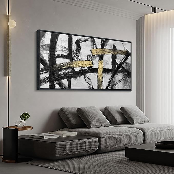 CHATYOUNG Wall Art Modern Abstract Paintings - Large Golden Thread Canvas Prints Black White and Gold Interweaving Wall Pictures Prefer for Bedroom Living Room Office Decor,Framed, 29 x 58 In-StrideForce Fitness