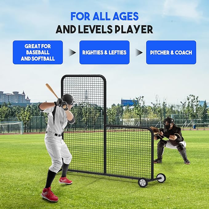 Yes4All Portable L-Screen Baseball 7x7ft with 2 Baseballs, Rubber Wheels - L Screen Baseball for Batting Cage, Protective Pitching Screen Net Double Layers, Carry Bag Included-StrideForce Fitness