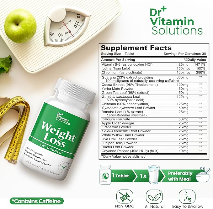 DR VITAMIN SOLUTIONS Weight Loss Supplements for Women & Men - Includes Green Tea Extract, Chromium, Vitamin B6 - Energy Booster, Belly Fat Burner & Appetite Suppressant Diet Pills - 30 Tablets-StrideForce Fitness