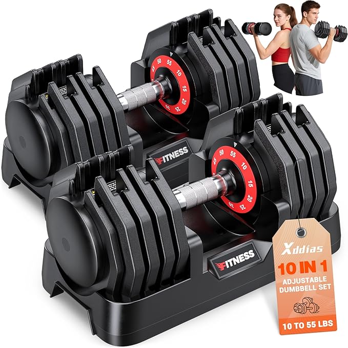 XDDIAS Adjustable Dumbbell Set of 2, 25/55/80LB Dumbbell Set-1Sec Adjustable Weights-5/10 in 1 Free Weights Dumbbells Set with Effortless Tray/No-Slip Handle-Compact Size for Women/Men at Home Gym-StrideForce Fitness