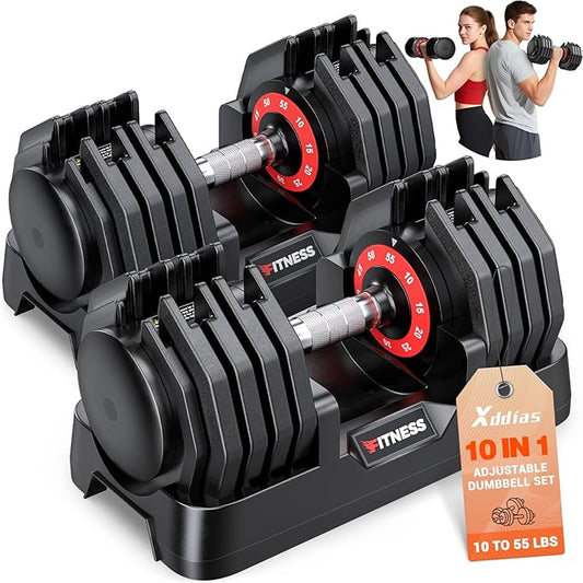 XDDIAS Adjustable Dumbbell Set of 2, 25/55/80LB Dumbbell Set-1Sec Adjustable Weights-5/10 in 1 Free Weights Dumbbells Set with Effortless Tray/No-Slip Handle-Compact Size for Women/Men at Home Gym-StrideForce Fitness