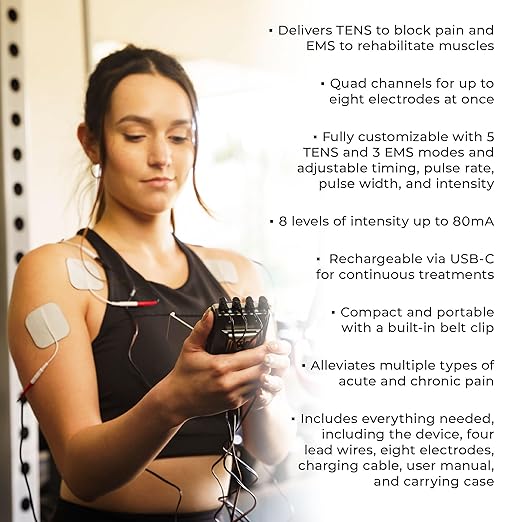 TENS 7000 Pro Rechargeable Tens Unit Muscle Stimulator, 4 Channels, Back Pain Relief, 8 Electrodes/Unit Pads, EMS and TENS Machine, Muscle Recovery & Growth, Stim Machine, Electrotherapy-StrideForce Fitness