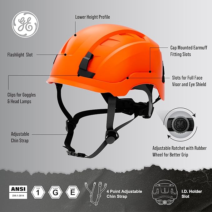 GE Safety Helmet, Impact Absorbing Tech, Adjustable Ratchet, ANSI Type 1, Memory Foam Padding, Hard Hats Protection, Lightweight, Durable, Chin Strap, Comfortable Fit OSHA Approved-StrideForce Fitness