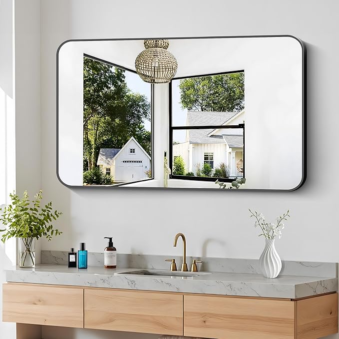 30x48 inch Bathroom Mirror,Black Rectangle Mirror,Wall Mounted Bathroom Frame Vanity Mirror with Round Corner for Bedroom Living Room, Entryway Hangs Horizontal or Vertical-StrideForce Fitness