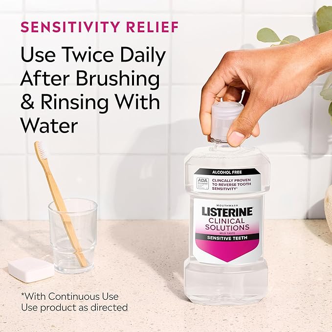 Listerine Clinical Solutions Sensitive Teeth Alcohol Free Mouthwash, Fresh Breath Dental Mouthwash Provides Protection & Relief from Tooth Sensitivity Pain, Daily Fresh Mint Oral Rinse, 500 mL