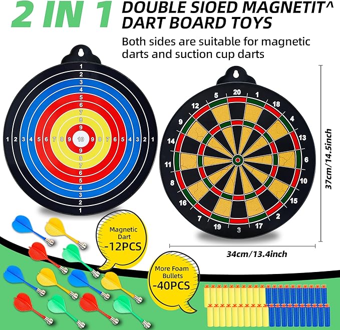 Magnetic Dart Board for Kids-12Magnetic Dart/Sticky Balls Or 2 Toy Gun+40 Foam Dart.Indoor/Outdoor Kids Games and Party Games,Christmas Birthday Gifts Toys for 3-12 Year Old Boys-StrideForce Fitness