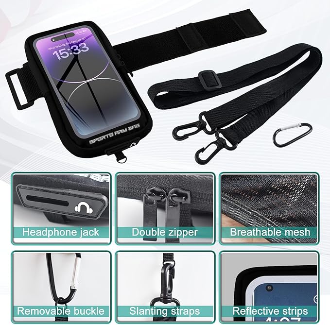 Phone Holder for Running, Running Armband Phone Holder with Carabiner, Phone Armbands for iPhone 16 15 14 13 12 11Pro Max & Galaxy S25/S24/S23, Cell Phone Armband Up to 6.8'' Phone (Black)-StrideForce Fitness