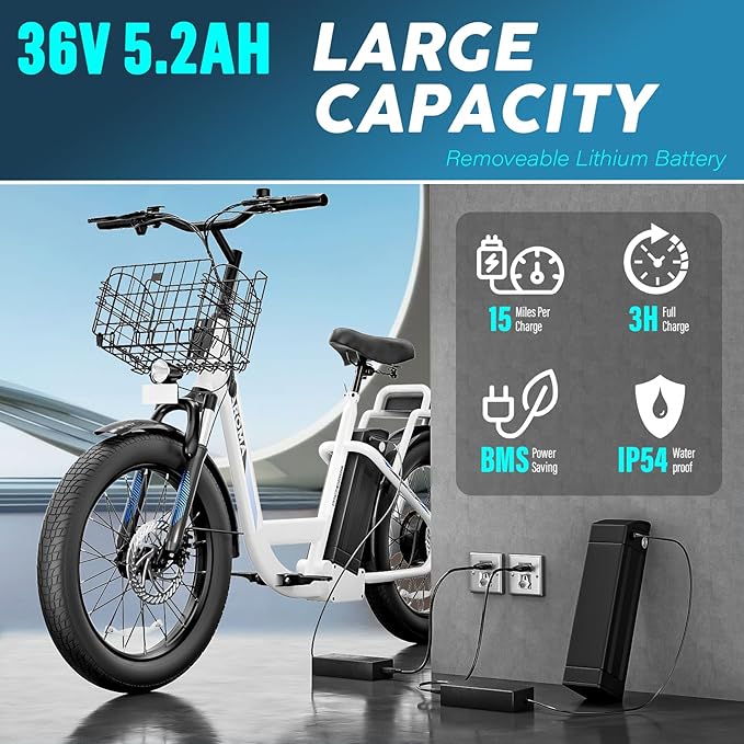 Caroma Electric Scooter with Seat, 48V Removable Battery E-Bike, Up to 30Miles&20MPH, 500/800/1200W Motor, 20" Fat Tire Adult Electric Bicycles for Commuting with Basket-StrideForce Fitness