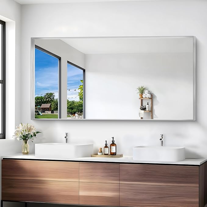 Silver Bathroom Mirror, 30x60 Inch Rectangular Deep Frame Mirror, Large Wall Mounted Bathroom Vanity Mirror Over Sink for Bedroom,Restroom, Living Room, Hangs Vertically or Horizontally-StrideForce Fitness