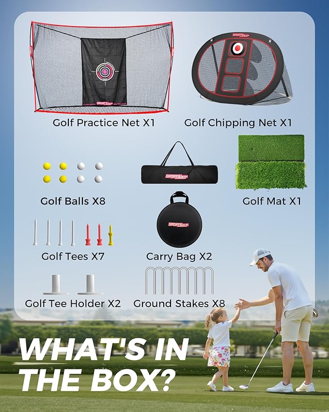 10x7ft Heavy Duty Golf Practice Net with Mat, Target Cloth, 8 Tees, 6 Balls, Carry Bag, Golf Training Net for Backyard Driving Chipping Indoor Outdoor-StrideForce Fitness