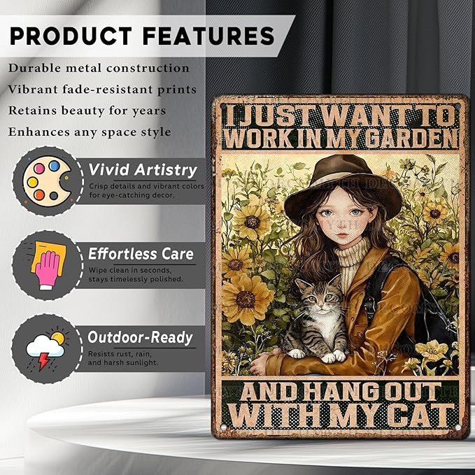 Cat Garden Vintage Tin Sign I Just Want To Work In My Garden and Hang Out With My Cat Retro Metal Tin Sign Sunflower Decor for Home Fence Porch Room Wall Decor Poster 12 * 16inch-StrideForce Fitness