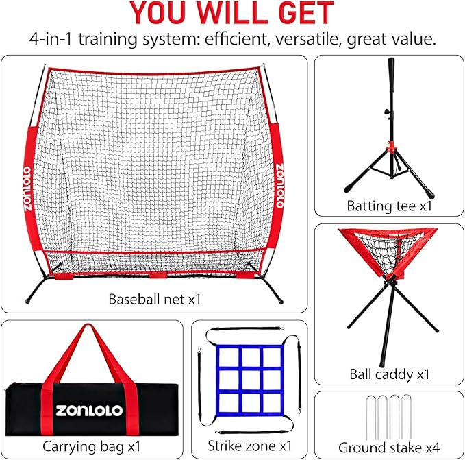 6x6ft Portable Baseball & Softball Net for Hitting，Pitching, Batting and Throwing, with Sturdy Bow Frame,Batting Tee, Ball Caddy and Strike Zone, Middel Size, Great for Kids!-StrideForce Fitness