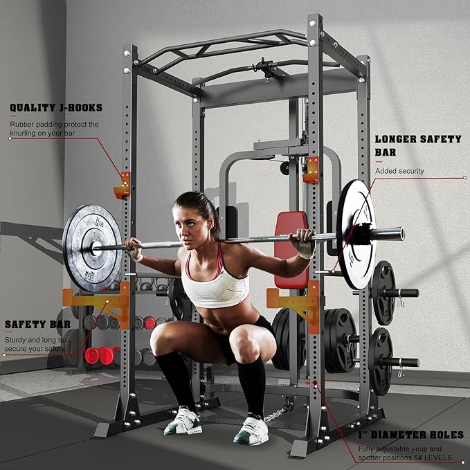 BEKING Power Cage, 2000LBS Power Squat Rack with LAT Pulldown, 2.36" ×2.36" Multi-Functional Squat Cage with Pulley System and More Training Attachments for Home Gym-StrideForce Fitness