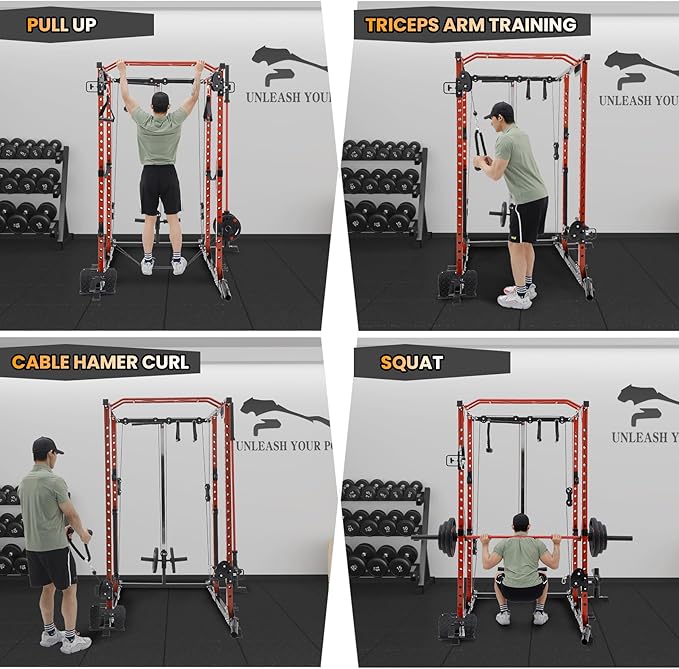 GaveeLife Power Cage, 2000 LBS Power Rack with Cable Cross-Over System, Multi-Functional Strength Training Squat Rack with LAT Pull Down System, Home Gym Equipment with Training Attachment, Red-StrideForce Fitness