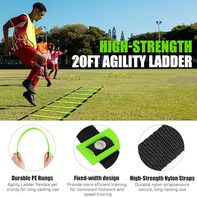 Soccer Training Equipment, Agility Speed Training Set with 20ft Speed Ladder, 12 Cones, 4 Adjustable Hurdles, Jump Rope, Parachute | Ideal for Basketball, Football Practise, for Kids, Youth, Adults-StrideForce Fitness