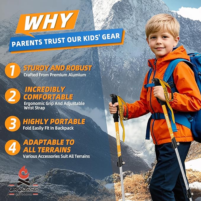 Lightweight Collapsible Kids Hiking Poles - Retractable Kids Hiking Stick, Telescoping Aluminum Trekking Poles 2 Pack, Adjustable Kids Ski Poles by Croosse-StrideForce Fitness