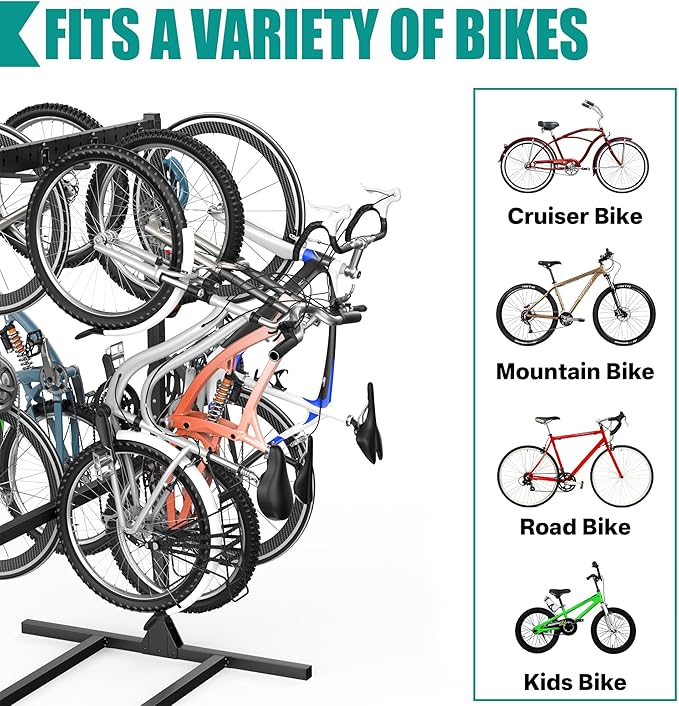 EVERHANGER Freestanding Bike Stand Rack with Adjustable Hooks, Vertical Bike Stand for Garage, Bicycle Storage Organizer, Holds Up to 7 Bikes & 7 Helmets-StrideForce Fitness