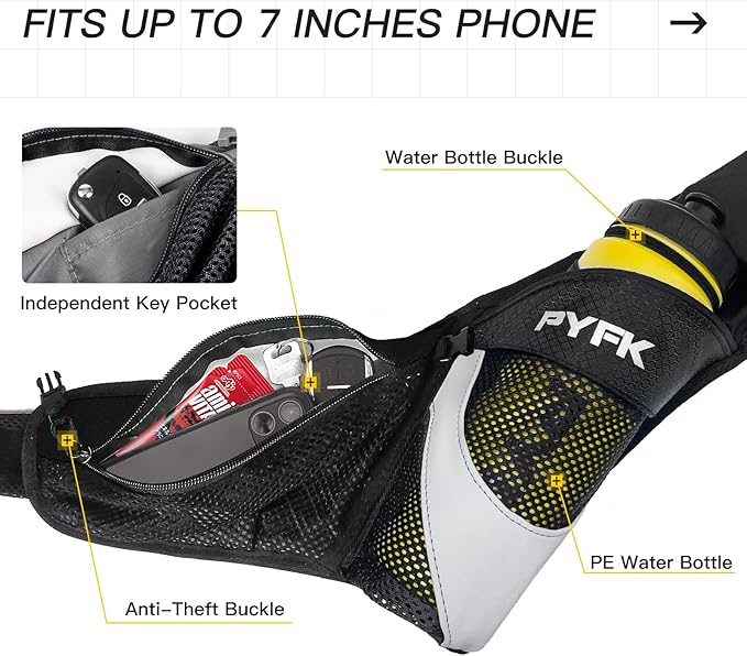 PYFK Running Belt Hydration Waist Pack with Water Bottle Holder for Men Women Waist Pouch Fanny Bag Reflective-StrideForce Fitness