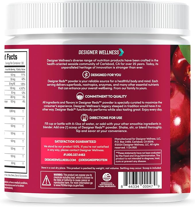 Designer Wellness, Designer Reds, Daily Superfood Powder with Beet Root, Support for Energy, Stress, Immune Health, Heart Health, and Digestive Health, Cherry Berry, 30 Servings-StrideForce Fitness