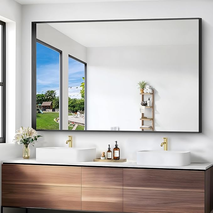 Black Bathroom Mirror, 60x40 Inch Rectangular Framed Mirror, Large Wall Mounted Bathroom Vanity Mirror Over Sink for Bedroom,Restroom, Living Room, Hangs Vertically or Horizontally-StrideForce Fitness